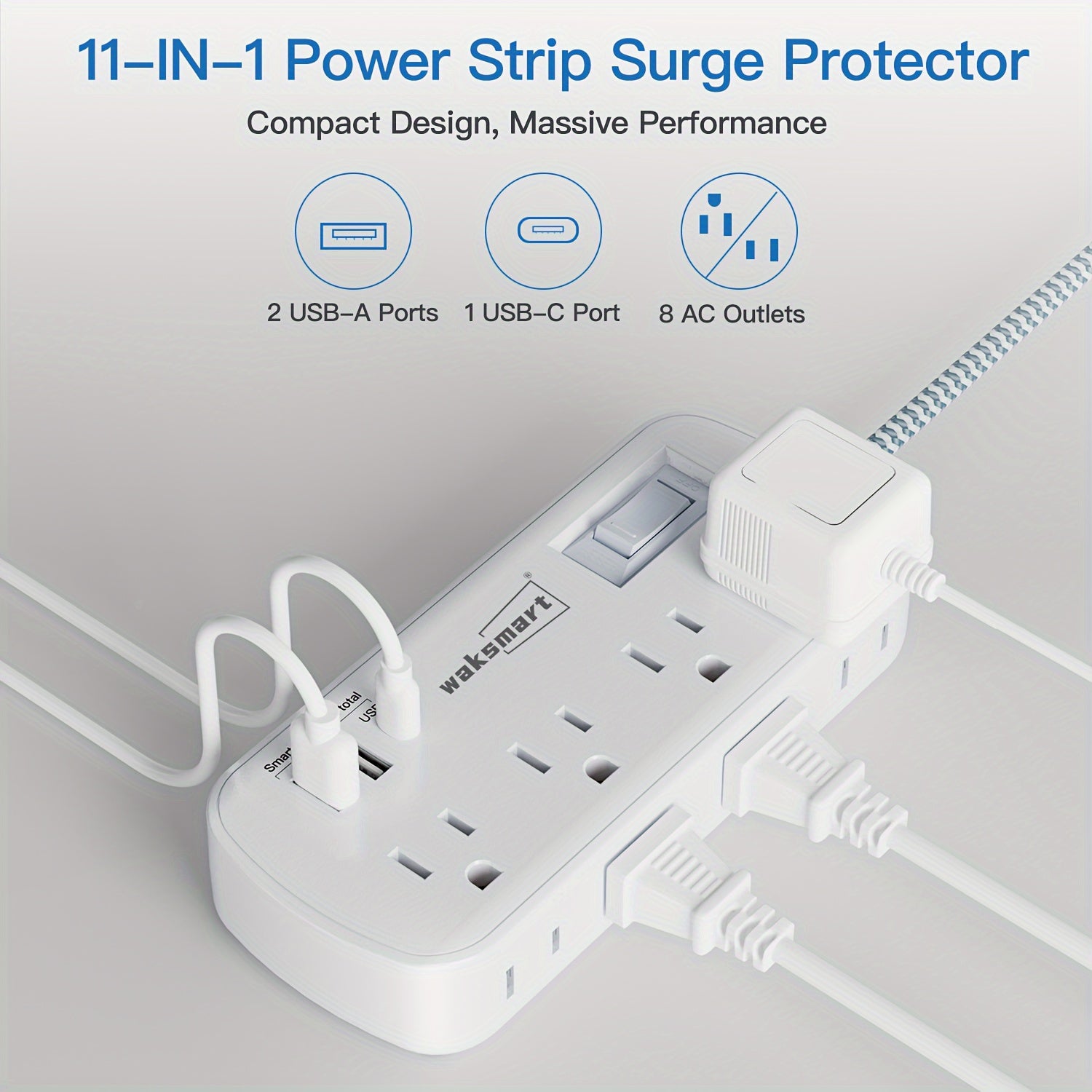 Waksmart Compact Surge Protector Power Strip with 3 USB Ports (Including USB-C), 8 AC Outlets, Flat Plug, 5ft Braided Extension Cord – Wall Mount or Desk Charging Station for Office, School, Dorm, ETL Certified