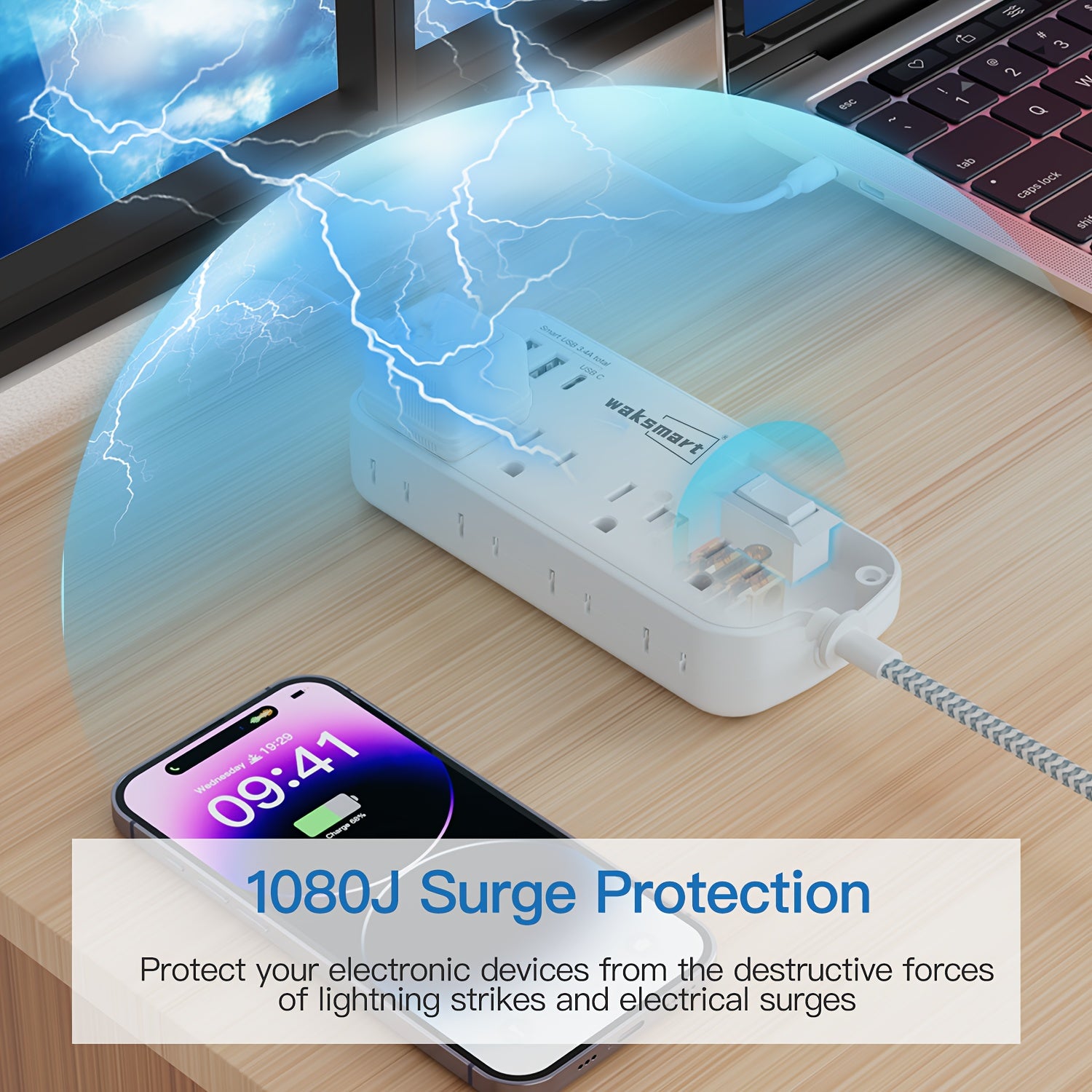 Waksmart Compact Surge Protector Power Strip with 3 USB Ports (Including USB-C), 8 AC Outlets, Flat Plug, 5ft Braided Extension Cord – Wall Mount or Desk Charging Station for Office, School, Dorm, ETL Certified