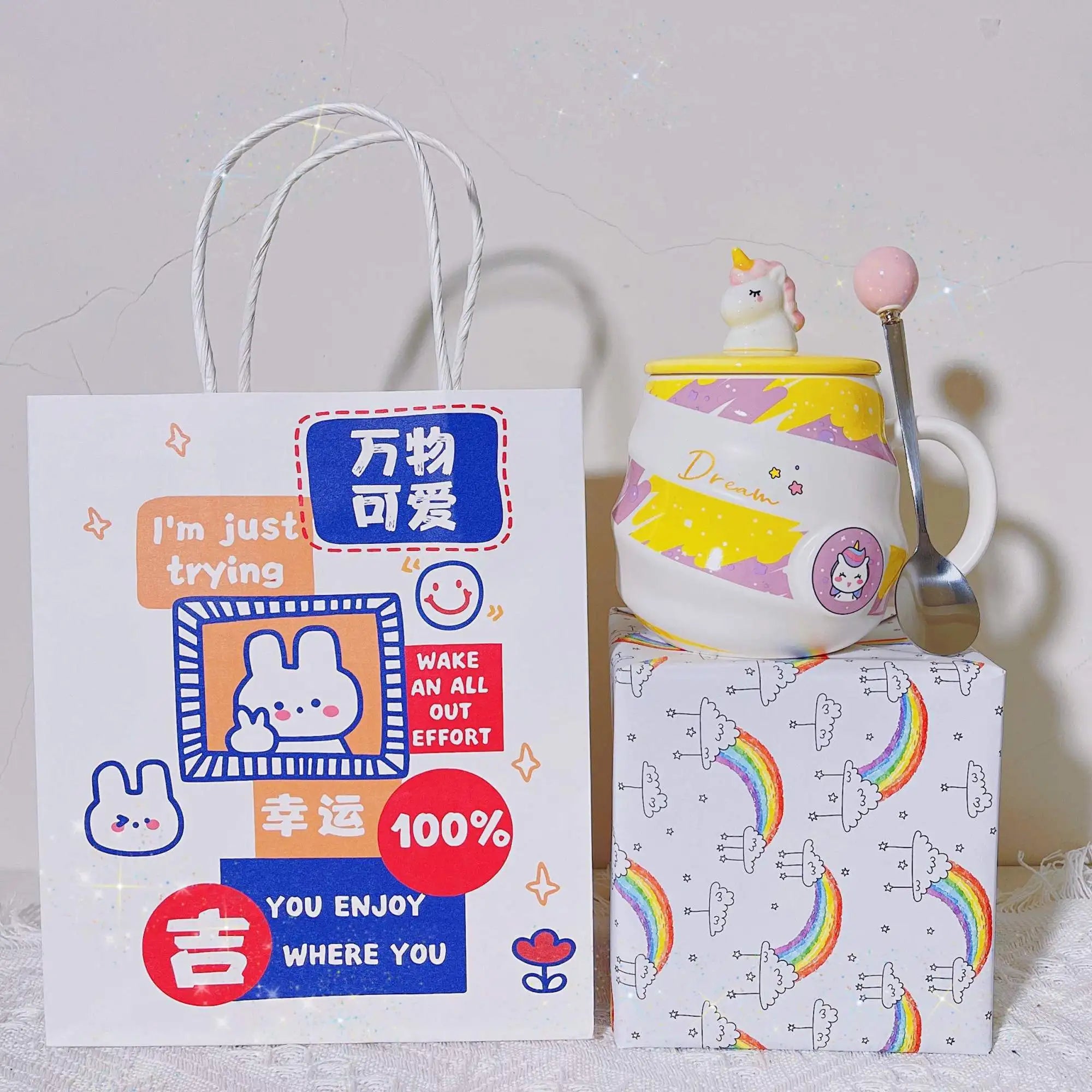 400ml Cute Unicorn Ceramic Cup Ins High Beauty Coffee Mug with Spoon Straw Box Dust Plug Small Summer Couple Water Cups Gift