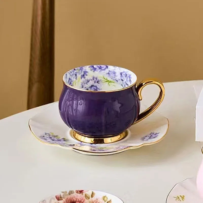 Luxury and exquisite couple pink purple cup 90ml meaningful hand made tea cup European bone china coffee cup and plate set