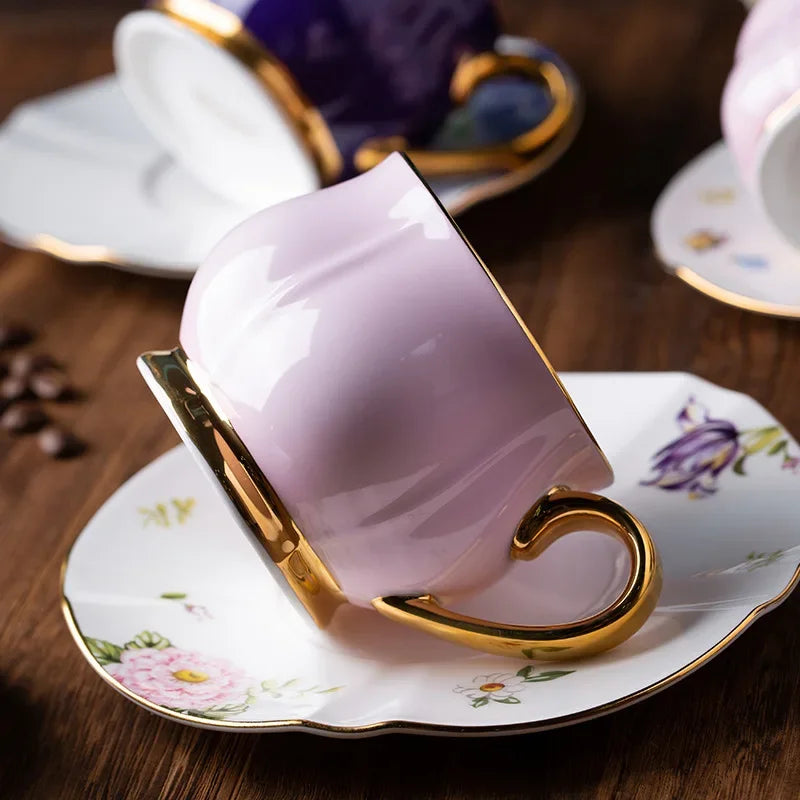 Luxury and exquisite couple pink purple cup 90ml meaningful hand made tea cup European bone china coffee cup and plate set