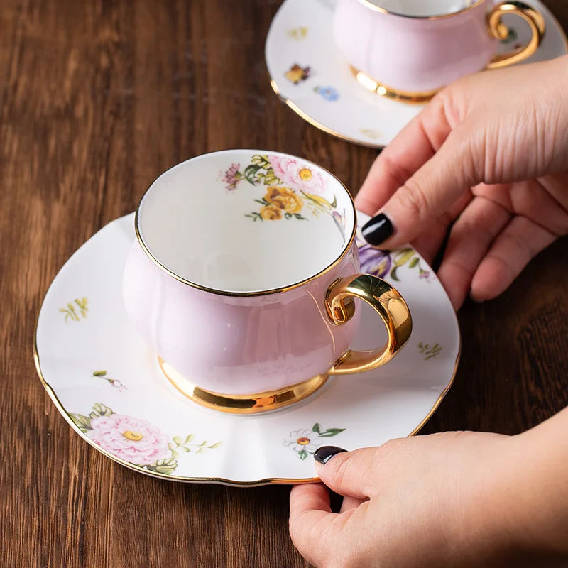 Luxury and exquisite couple pink purple cup 90ml meaningful hand made tea cup European bone china coffee cup and plate set