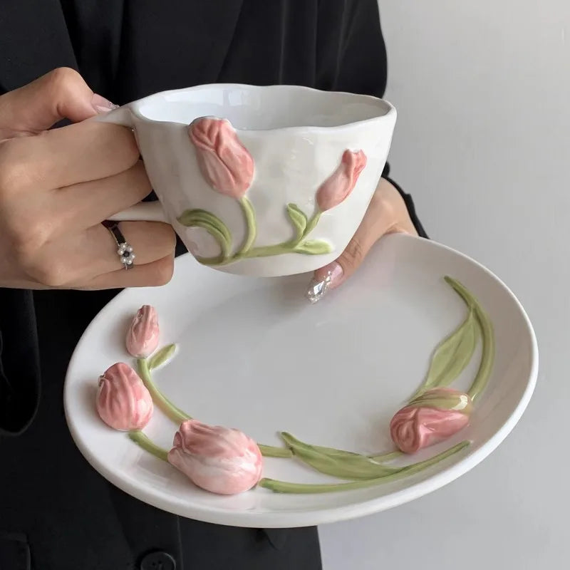 Handmade Tulip Cups Plates Cute Girlish Hearts Creative Hand Drawn Mugs