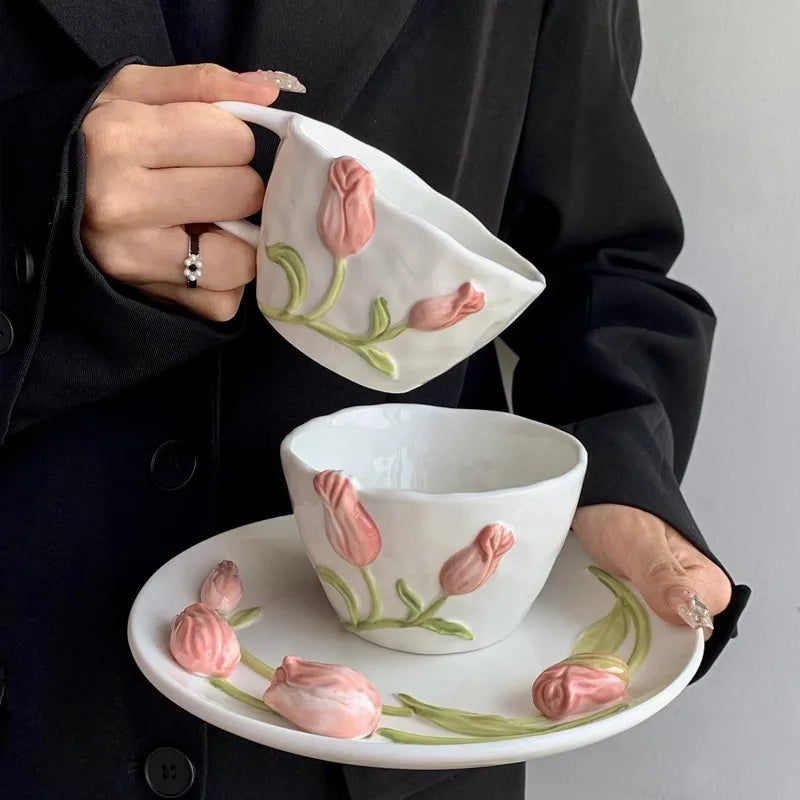 Handmade Tulip Cups Plates Cute Girlish Hearts Creative Hand Drawn Mugs