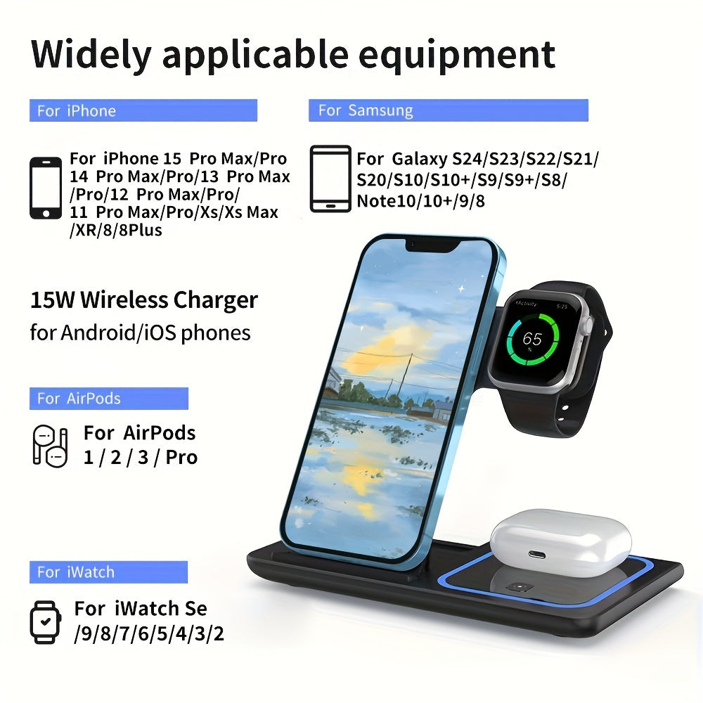 Wireless Charging Station 3-In-1 Standard 15W Fast Mag-Safe Charger Stand, Suitable for Iphone 17, 16, 15, 14, 13, 12, 11, 8, Pro Max/Pro/Mini/Plus, Iwatch Ultra 11/10/9/8, 7/6/5/4/3/2, SE, Airpods 4/3/2/Pro/Pro2/Pro3